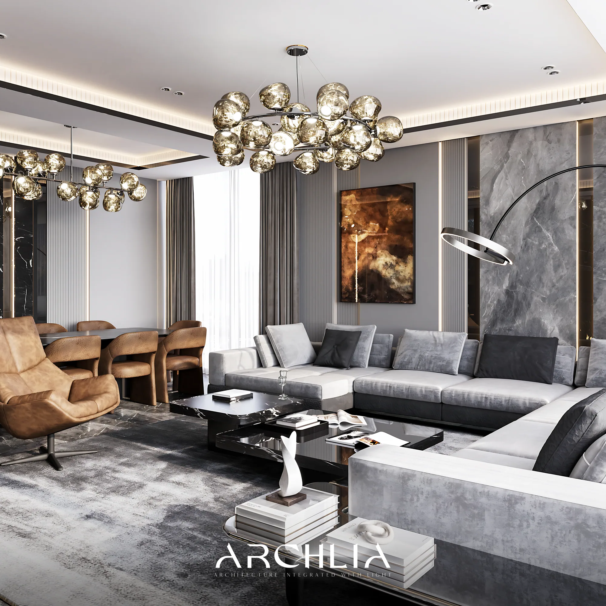 Living room in grey marble and leather, designed by ARCHLIA